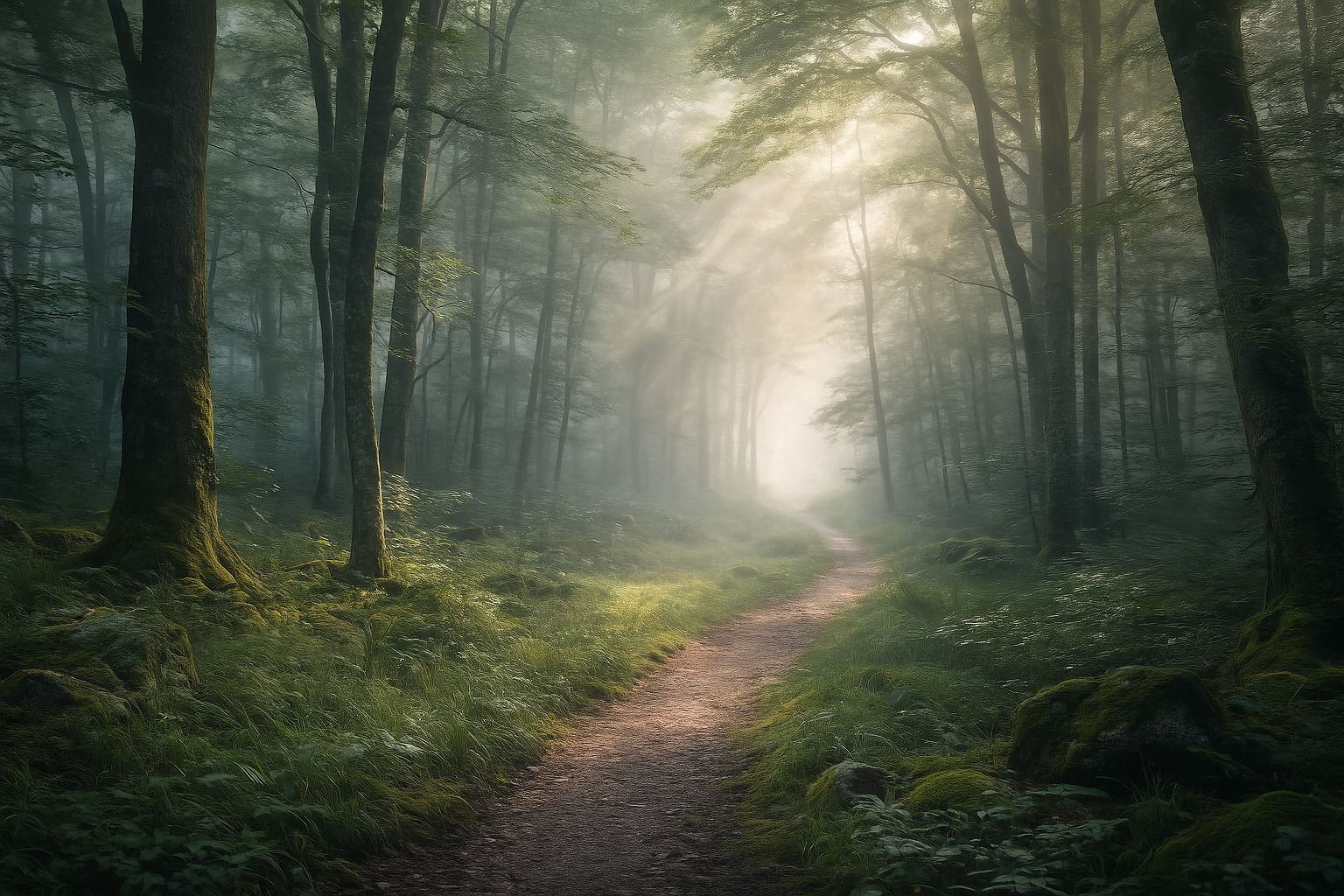 Along the Enchanted Way Forest path winding through misty woodland with soft morning light illuminating the trees and moss.