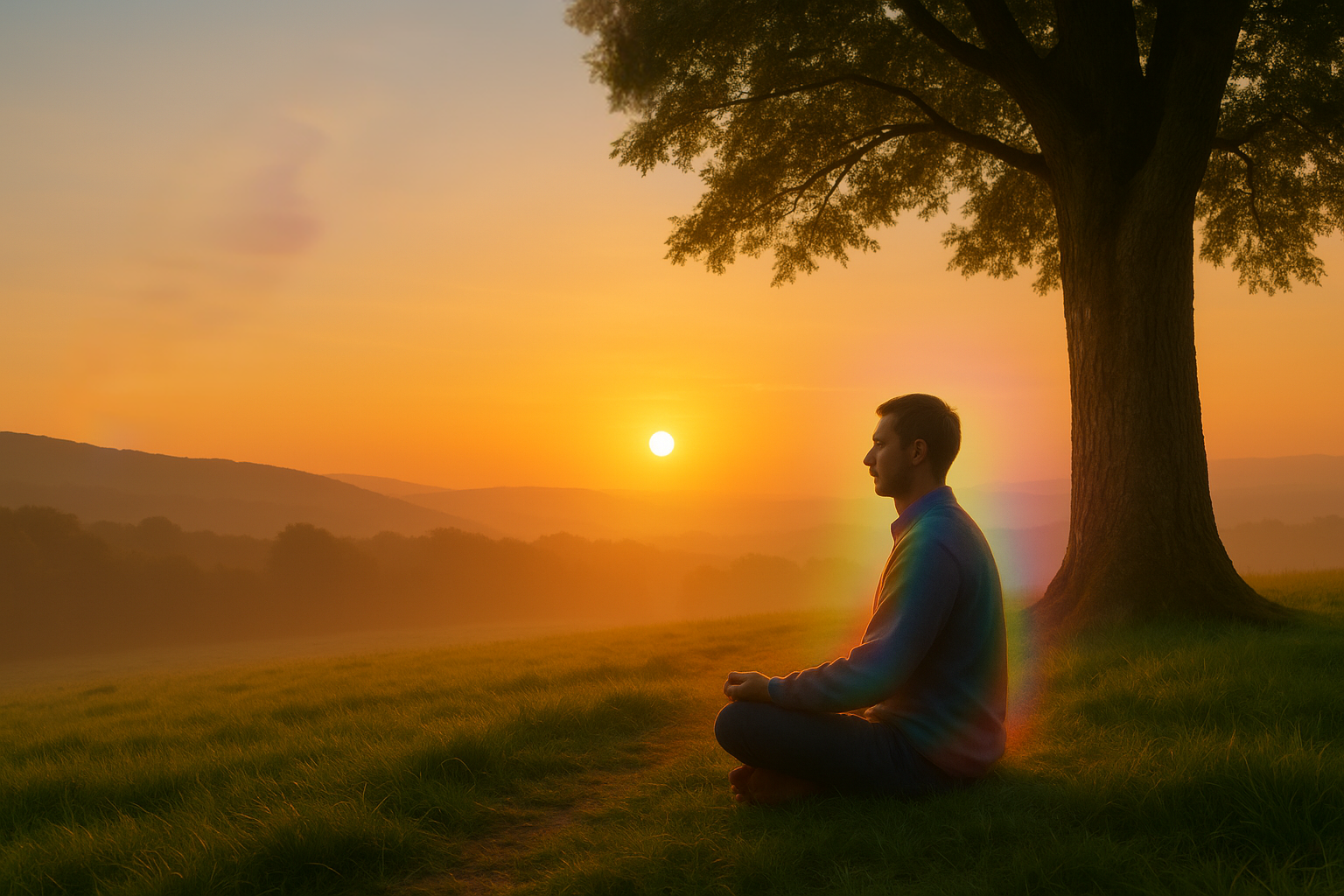 ew_desktop_hero_revised Man meditating at sunrise under a large tree with a soft colourful aura around his body.”