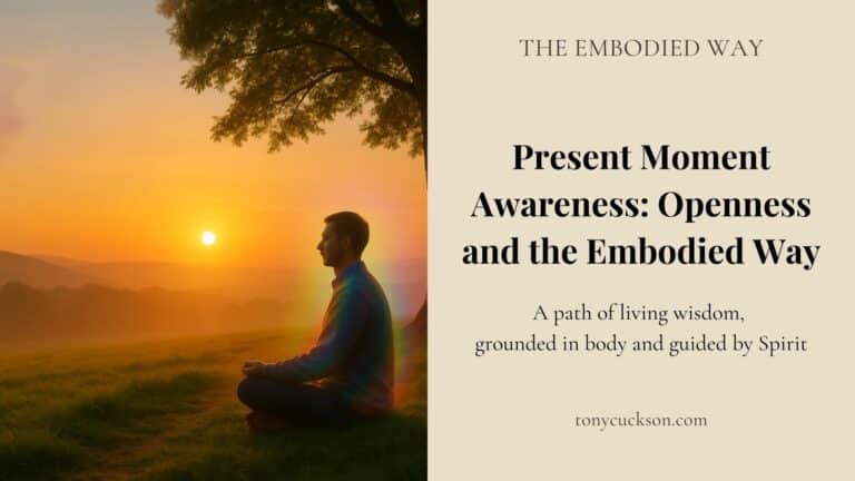Present moment awareness embodied through a man sitting in meditation at sunrise, grounded in nature and attentive to inner stillness.
