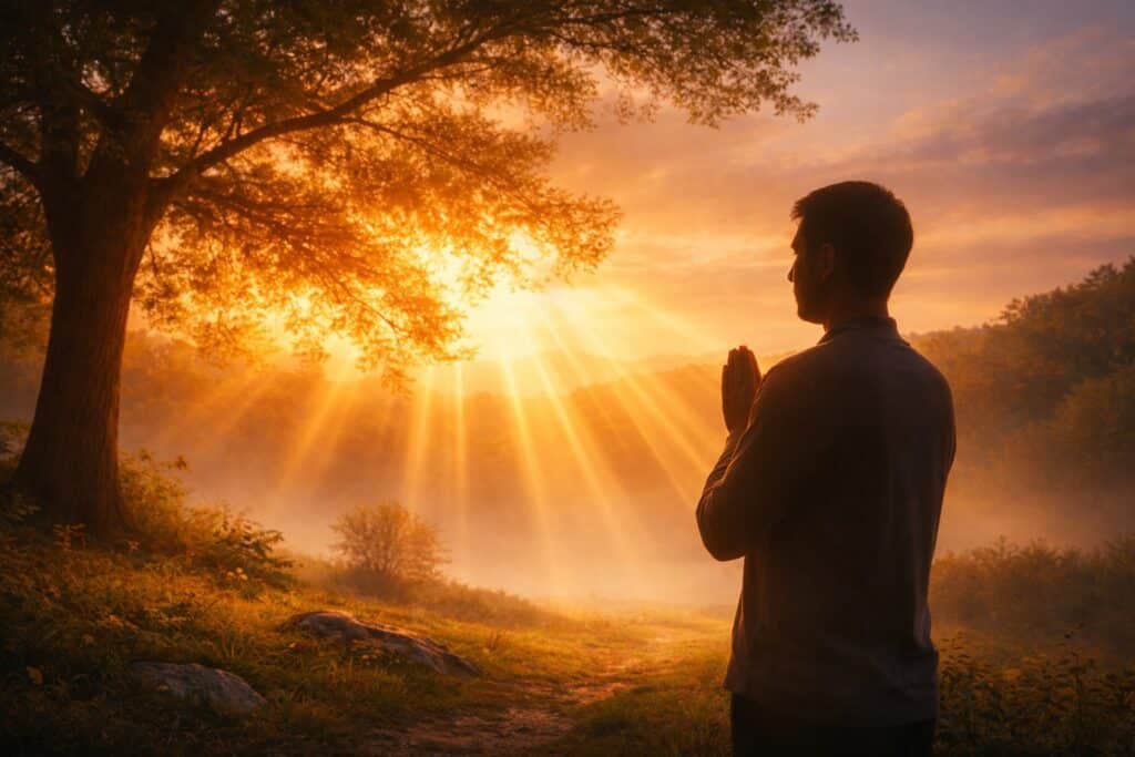 A person standing in prayer beneath a tree at sunrise as golden light streams through the branches, symbolizing the Holy Spirit explained through Presence, guidance, and inner transformation.