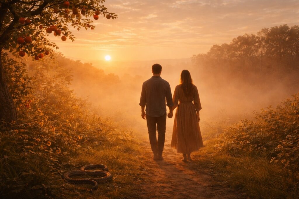 Man and woman walking hand in hand out of a garden into golden morning mist beneath an apple tree, with a snake on the ground, symbolising innocence, awakening, and the re-imagining of sin.