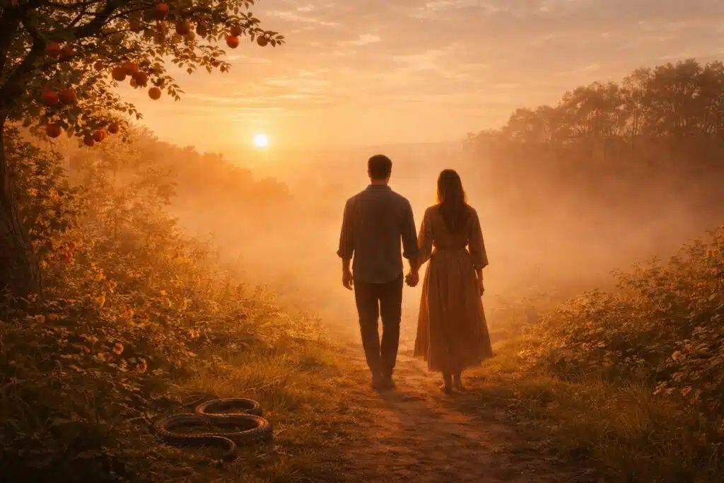 Man and woman walking hand in hand out of a garden into golden morning mist beneath an apple tree, with a snake on the ground, symbolising innocence, awakening, and the re-imagining of sin.