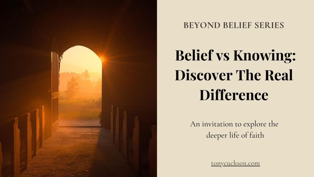 Open church door at sunrise with golden light, Beyond Belief series, Belief vs Knowing