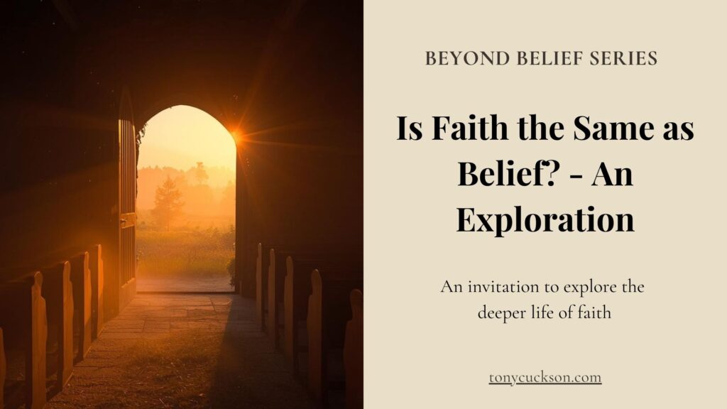 Open church door at sunrise with golden light, Beyond Belief series image for Is Faith the Same as Belief