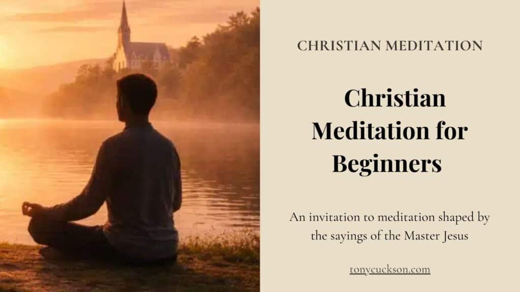 Christian meditation for beginners – man sitting in stillness by a lake at sunrise with church in background