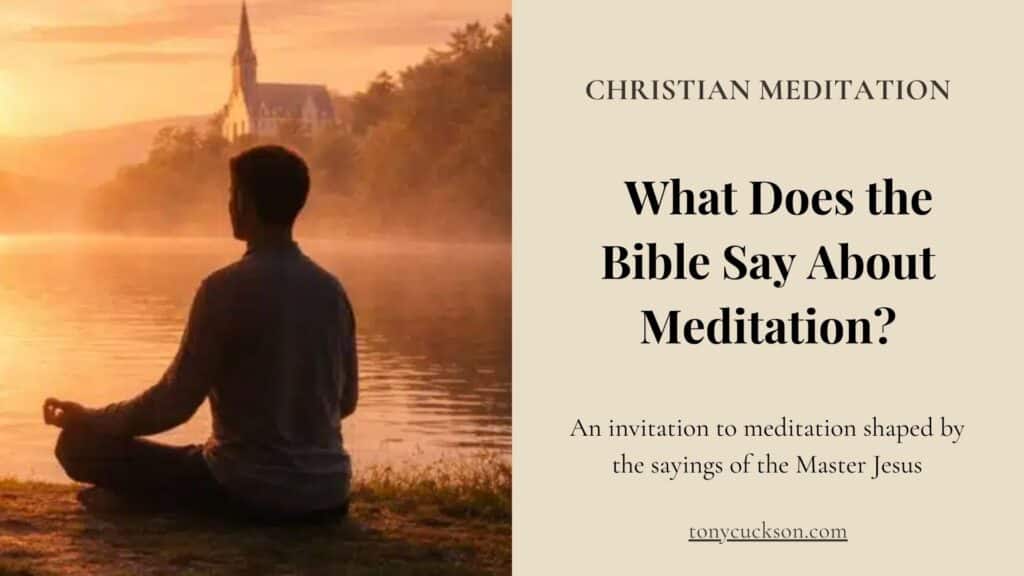 Christian meditation image exploring what does the Bible say about meditation, man meditating by a lake at sunrise near a church