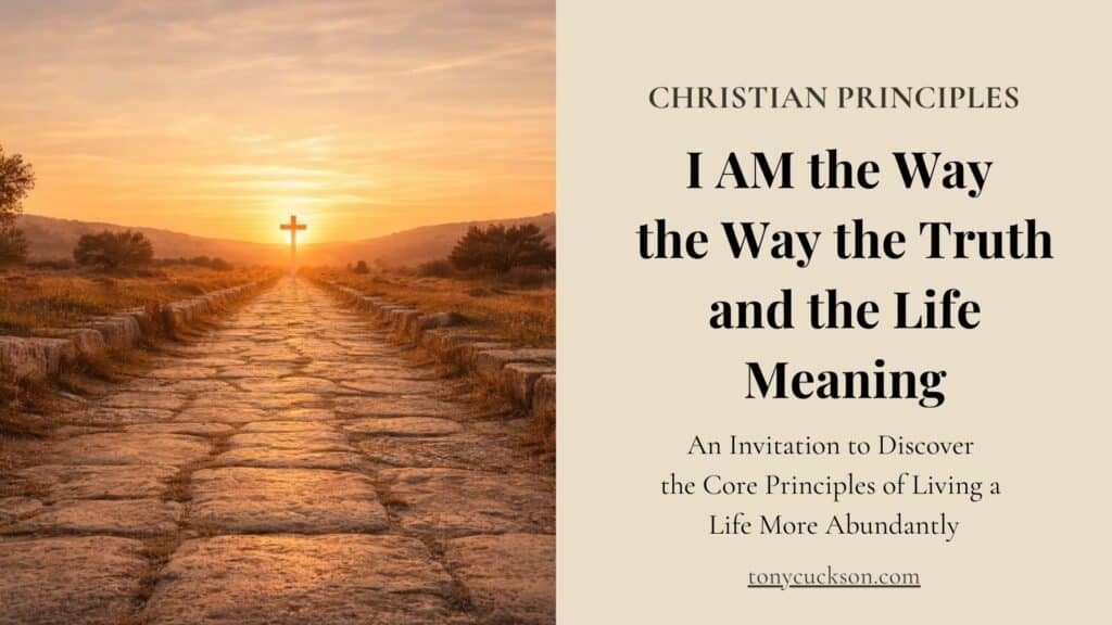 A stone path leading toward a radiant cross at sunrise, symbolizing I AM the Way, the Truth, and the LIFE as an invitation to awakened Divine Presence.