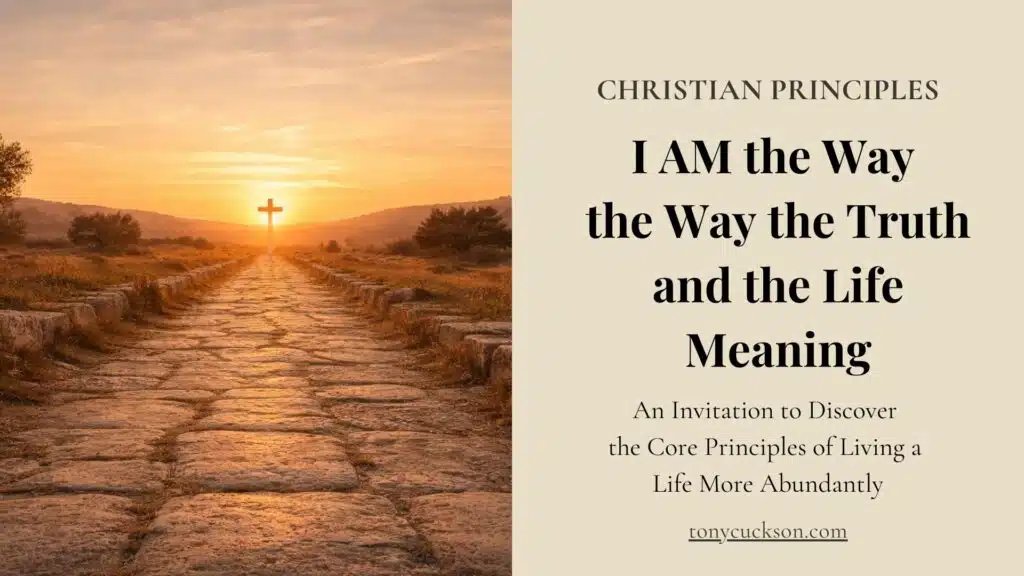A stone path leading toward a radiant cross at sunrise, symbolizing I AM the Way, the Truth, and the LIFE as an invitation to awakened Divine Presence.