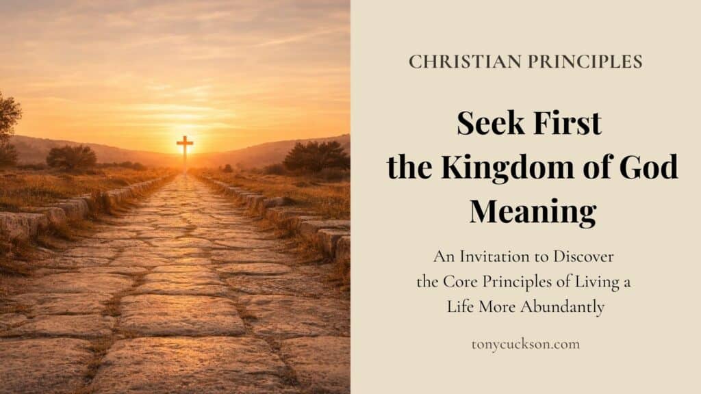 Stone path leading toward a cross at sunrise with the words “Seek First the Kingdom of God and All Shall Be Added Unto Thee”