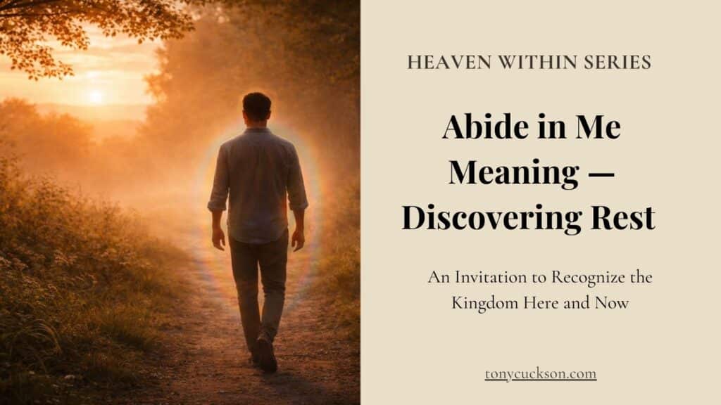 A man walking along a sunlit forest path, symbolizing rest and the invitation to abide in Presence within the Heaven Within series.
