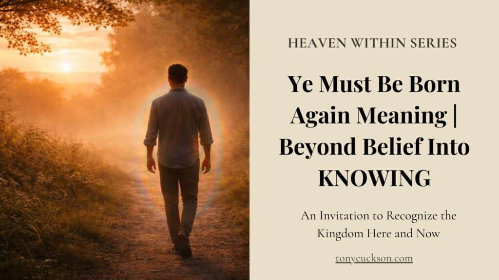 A solitary figure walking a sunlit woodland path at dawn, symbolizing spiritual awakening and inner transformation, reflecting Yeh must be born again meaning beyond belief into KNOWING.