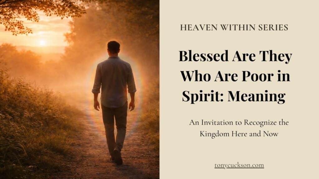 A man walking along a sunlit forest path, symbolizing inner openness and the meaning of being poor in spirit in the Heaven Within series