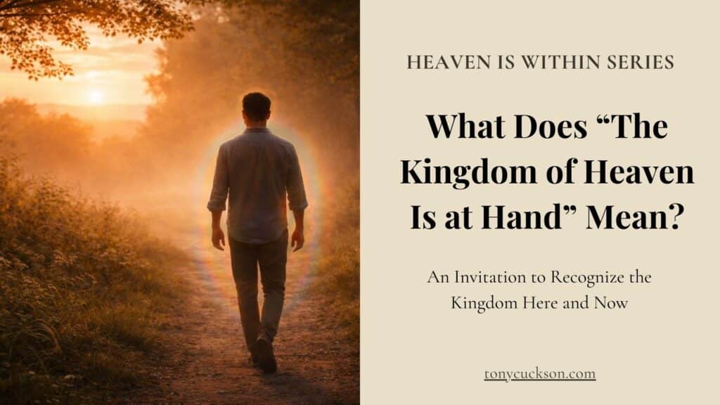 A solitary figure walking a sunlit path through nature, symbolizing the Kingdom of Heaven as a present and inward reality.