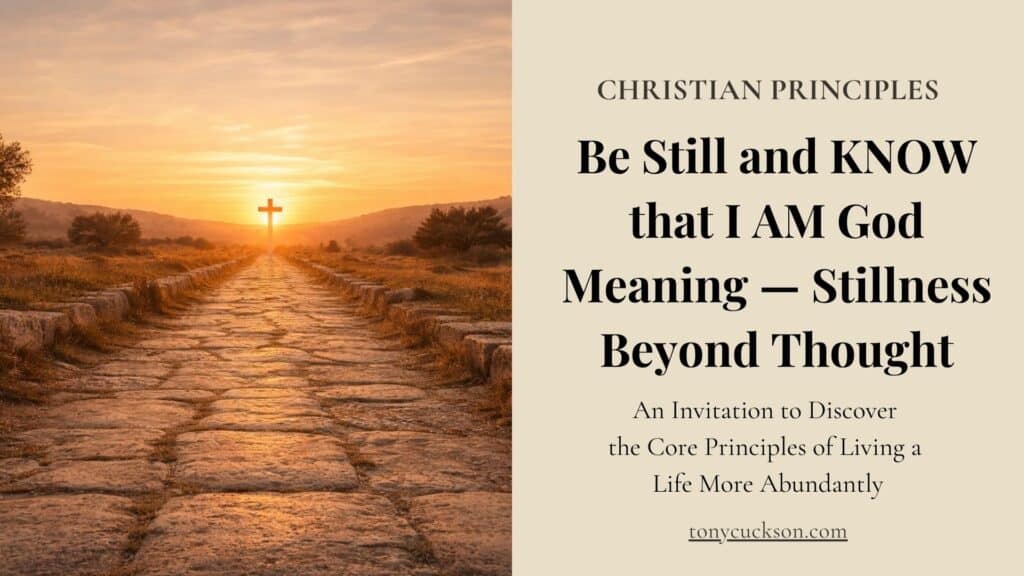 Stone path leading toward a glowing cross at sunrise, symbolising stillness, Presence, and the invitation to KNOW God beyond thought.