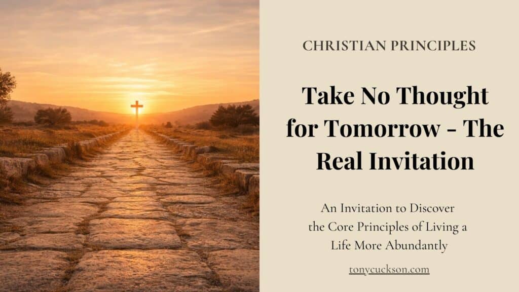 Stone path leading toward a radiant cross at sunrise, symbolising trust, present-moment living, and the invitation to take no thought for tomorrow.