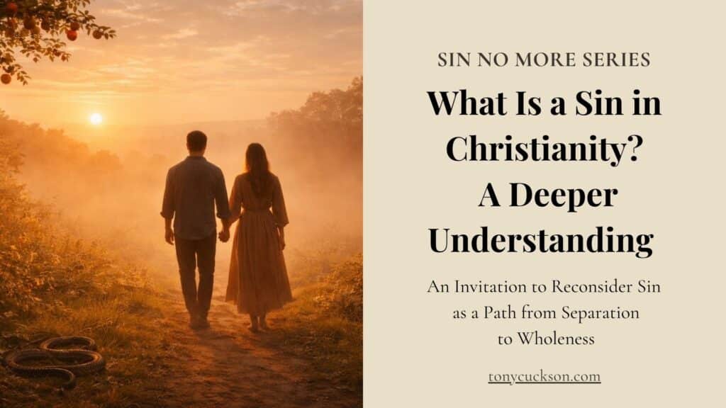 A man and woman walk hand in hand along a misty woodland path at sunrise, beside text reading “What Is a Sin in Christianity? A Deeper Understanding.”