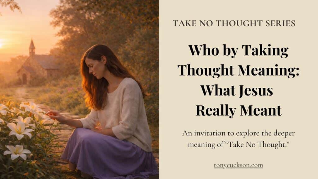 Woman kneeling in a sunlit garden near a small country church at sunrise, reflecting on the meaning of “Take No Thought” in the Take No Thought Series.