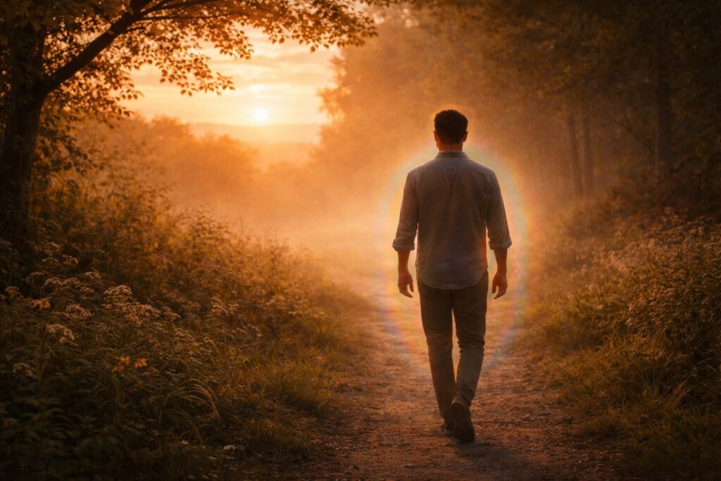 A solitary figure walking a sunlit forest path at dawn, surrounded by warm golden light, symbolising the inner spiritual journey explored in the Heaven Within Series.