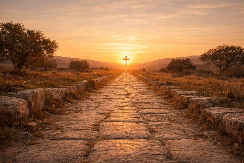 Ancient stone path leading toward a distant cross at sunset, symbolizing the Christian way of life.