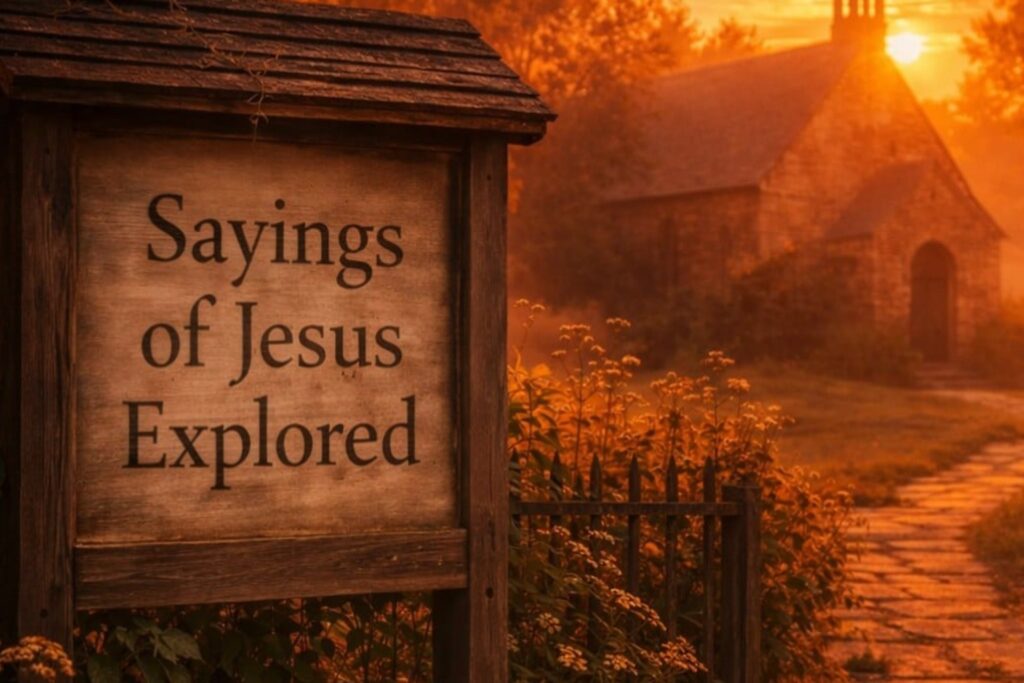 Wooden sign reading “Sayings of Jesus Explored” beside a path leading toward a small church in warm sunset light.
