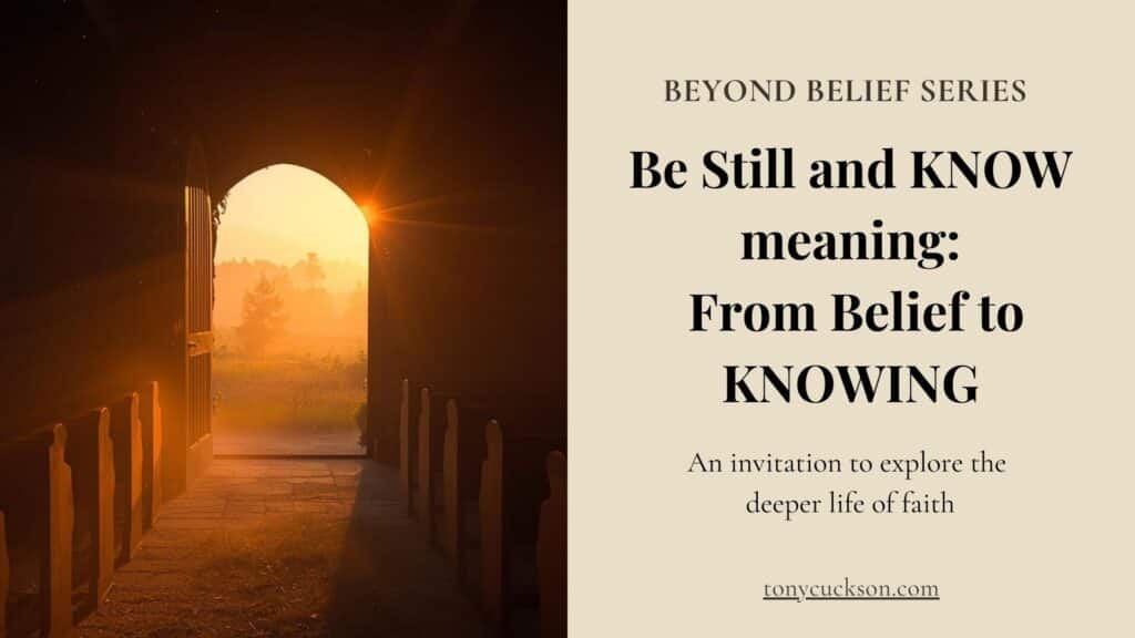 Illustration representing the “be still and know meaning,” showing a quiet church doorway opening to light as a symbol of moving from belief to KNOWING.