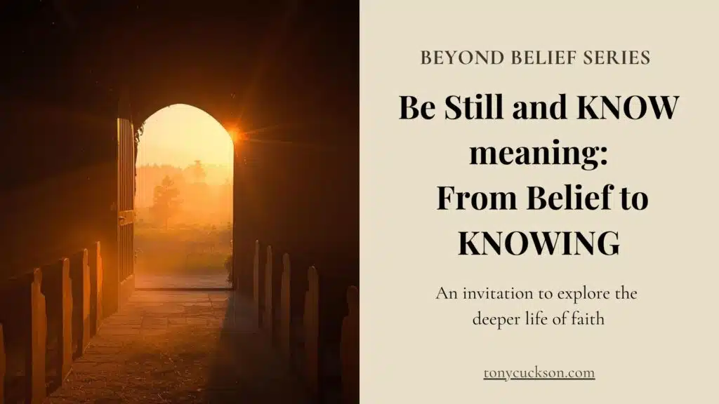 Illustration representing the “be still and know meaning,” showing a quiet church doorway opening to light as a symbol of moving from belief to KNOWING.