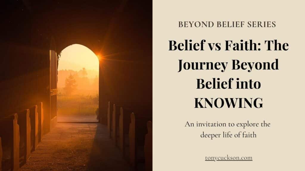 Sunlight shining through an open church doorway symbolizing the journey from belief into spiritual KNOWING.