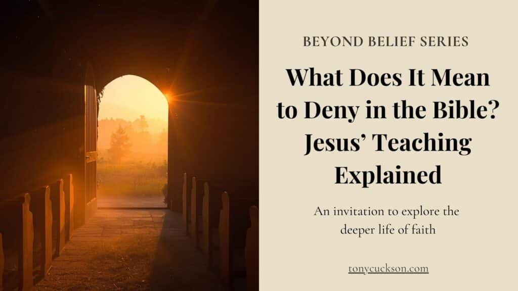 Illustration for the article “what does it mean to deny in the Bible,” showing a church doorway opening to light symbolizing Jesus’ teaching on denying oneself.