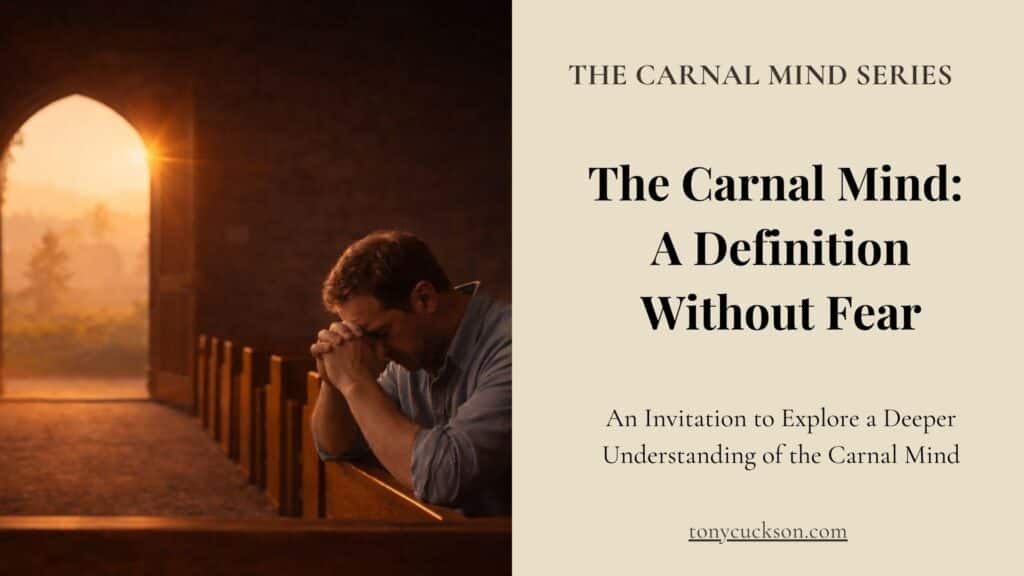 Middle-aged man praying in a church pew with sunlight streaming through an open door – The Carnal Mind Series