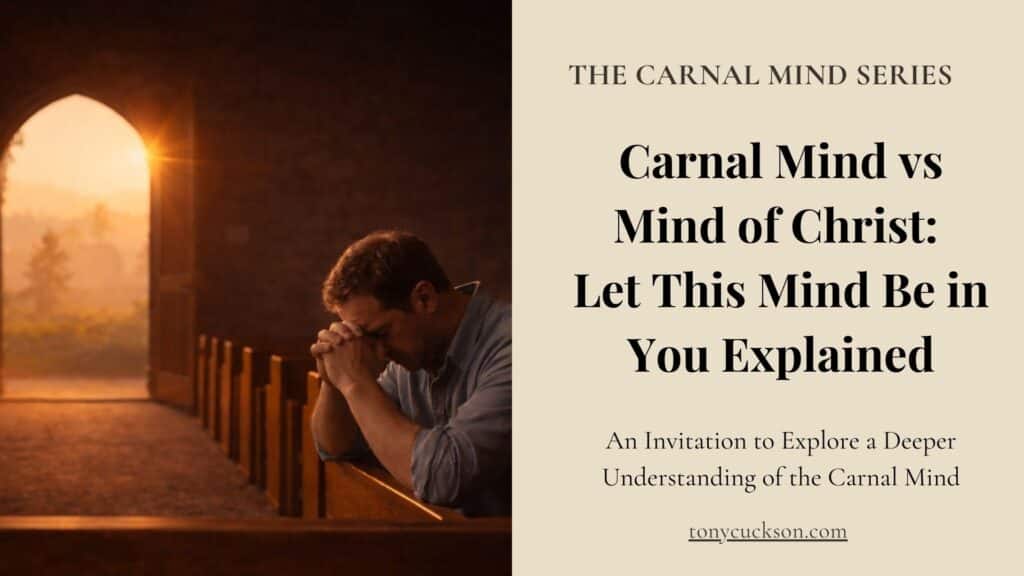 Man praying in church at sunrise representing the transformation from the carnal mind to the mind of Christ.