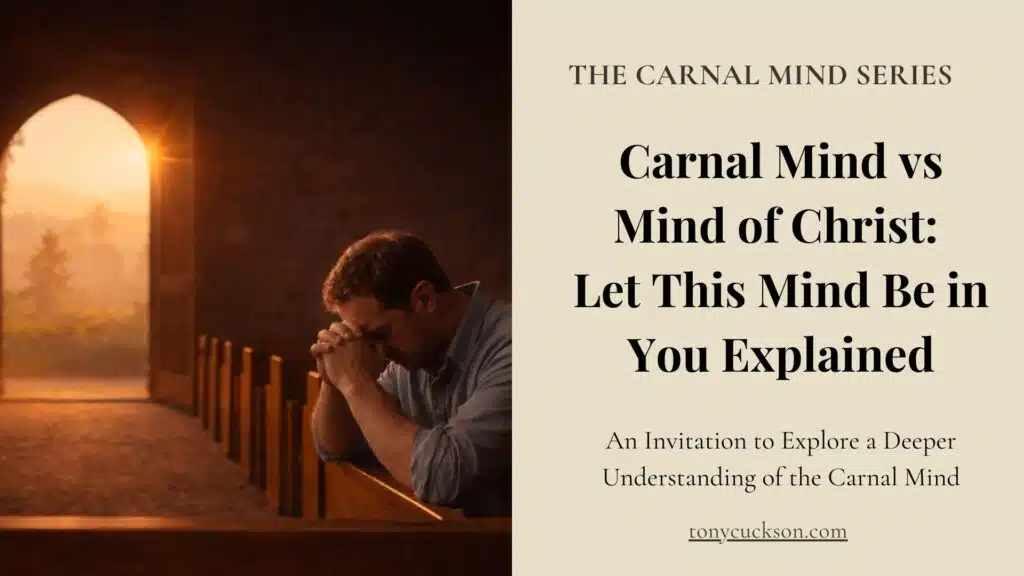Man praying in church at sunrise representing the transformation from the carnal mind to the mind of Christ.