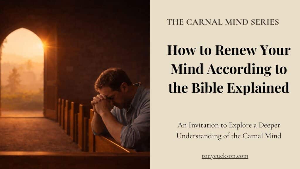 Man praying in a church at sunrise illustrating how to renew your mind according to the Bible