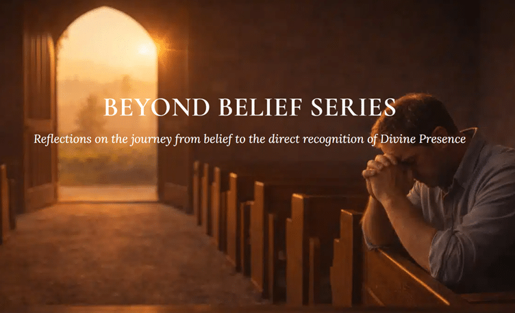 Man praying in a church as sunlight shines through an open doorway, symbolizing the journey from belief to the direct recognition of Divine Presence.